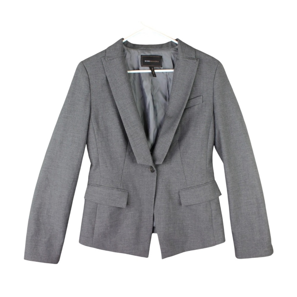 BCBG Maxazria Women Gray Blazer Size M One Button Stretch Lined Jacket EUC